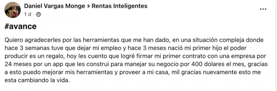 Publicación de Daniel Vargas sobre su primer contrato
