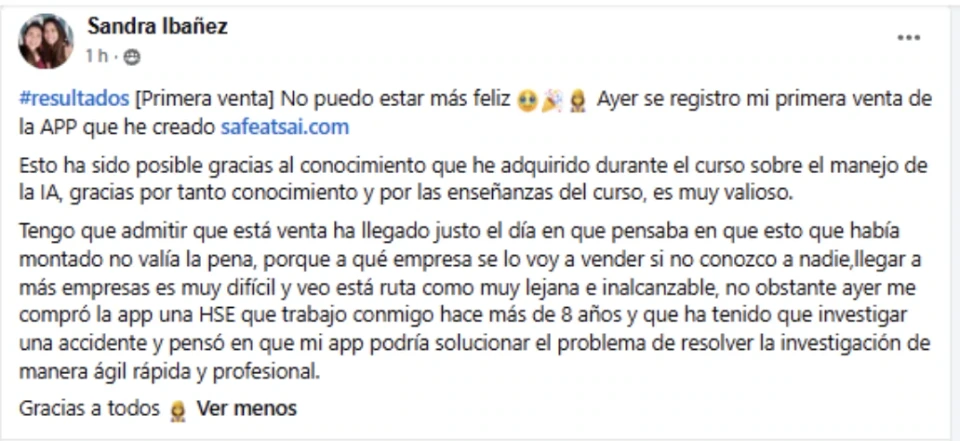 Publicación de Sandra Ibáñez sobre su primera venta